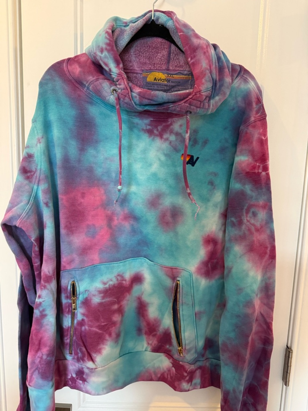 Aviator Nation Teal & Magenta Tie-Dye Funnel Neck Hoodie